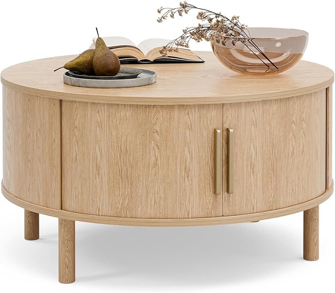 Round Coffee Table with Cabinets & Sliding Doors — 29.9" Natural