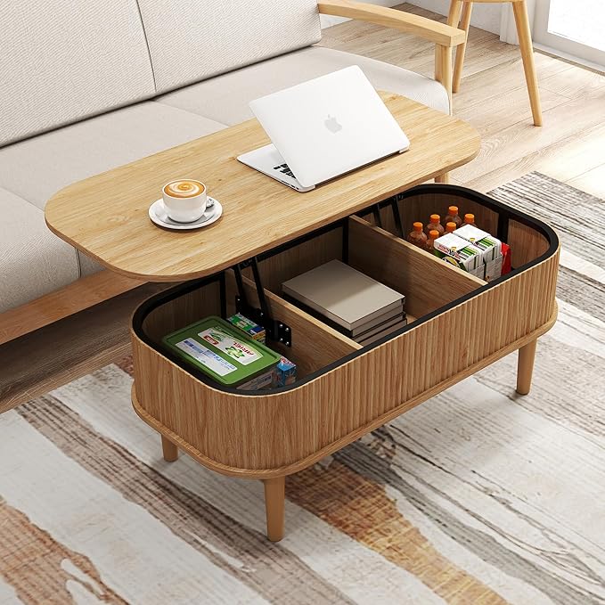 Fluted Lift Top Coffee Table with Hidden Storage — Oval, Natural