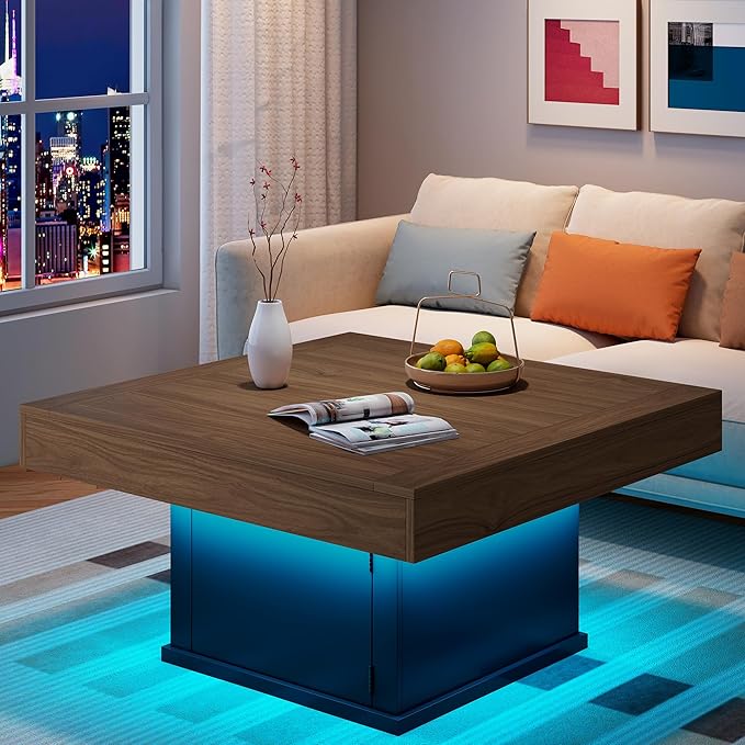 LED Square Coffee Table with Storage & RGB Lights — 33.5" Vintage Brown