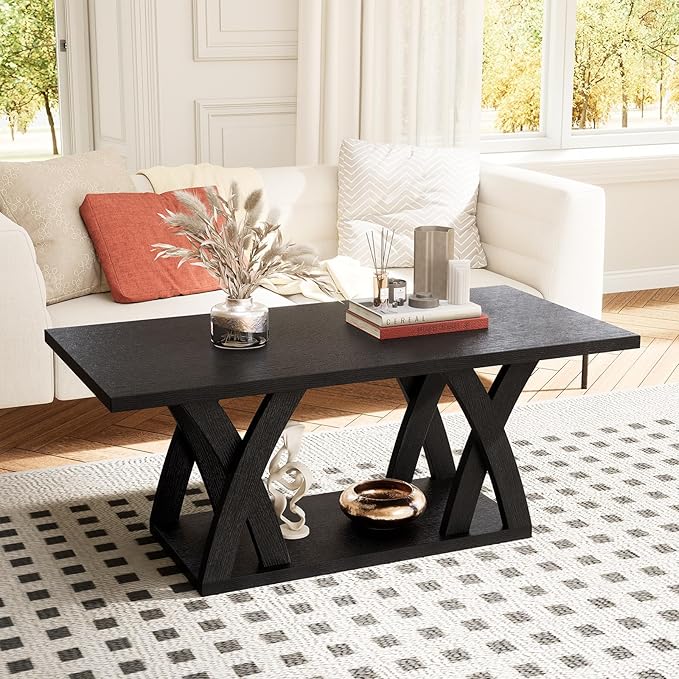 Farmhouse Coffee Table with Shelf — Black & Grey, 47"