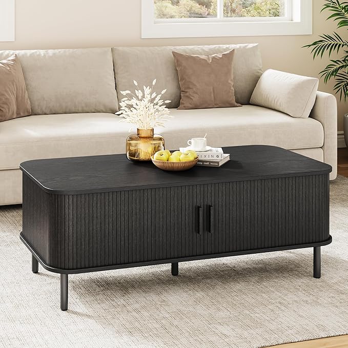 Mid Century Modern Coffee Table with Storage — 47.2" Black Wood