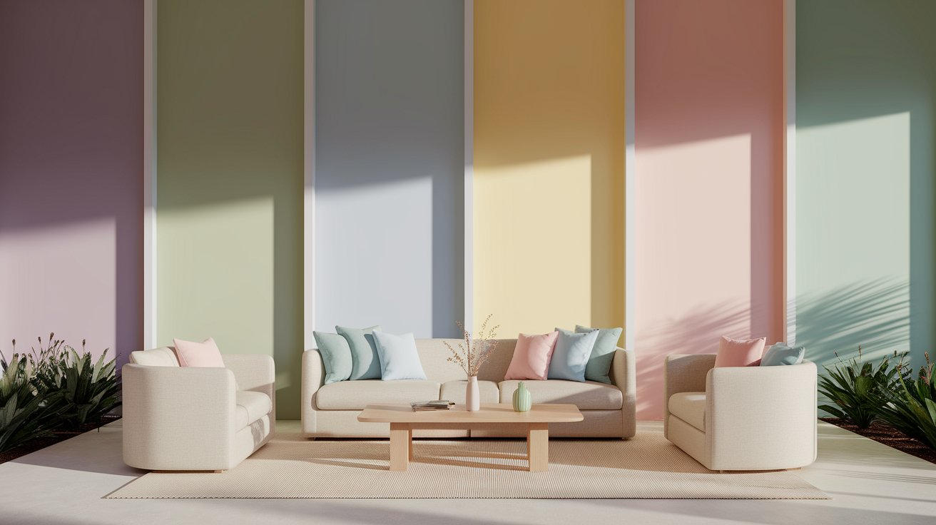 A bright, airy living room painted in a soft pastel color with white trim