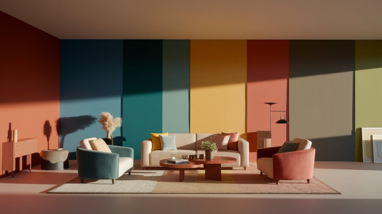 A collage showing several of these trendy colors in different living room settings