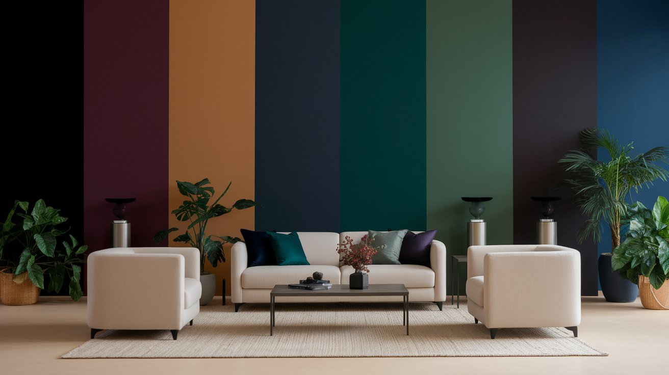 A dramatically painted living room in a bold color with neutral furniture to balance