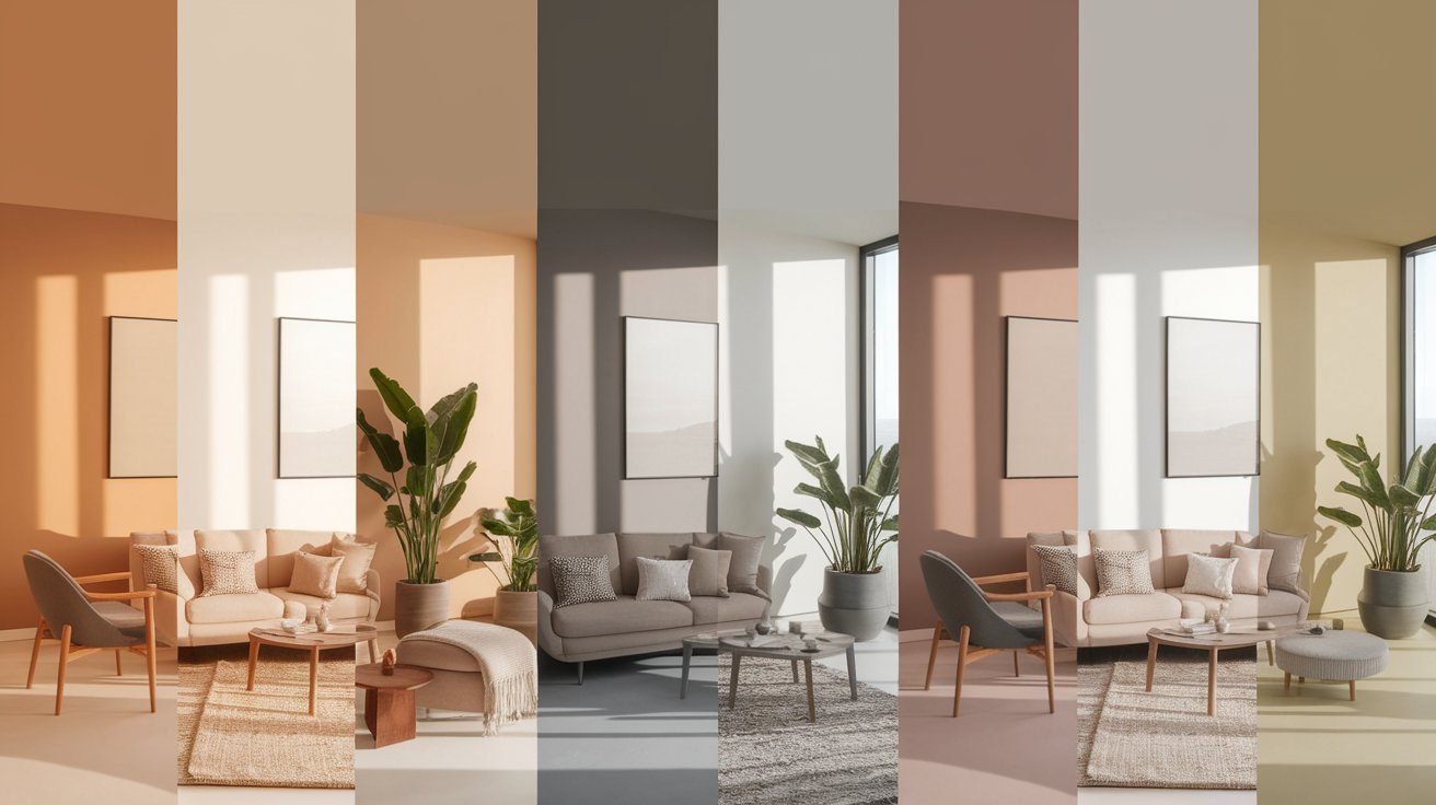 A living room painted in one of these neutral colors with various furniture styles