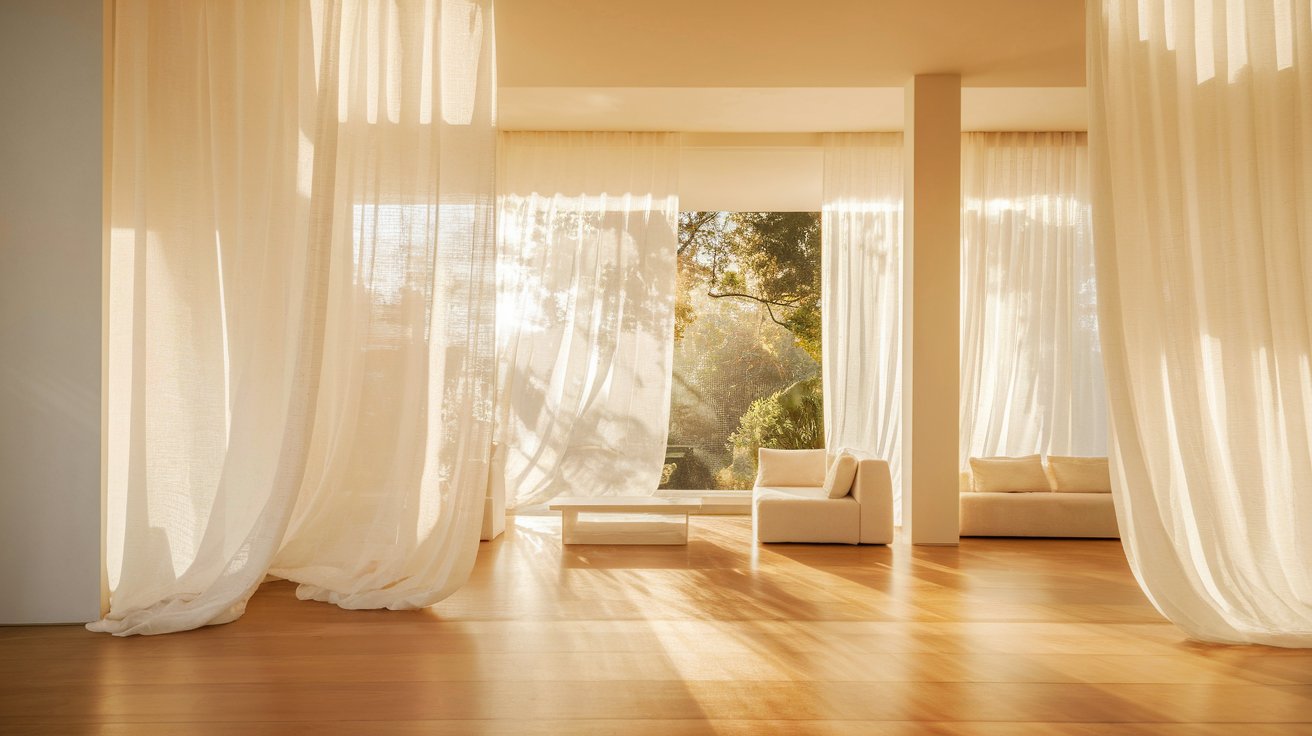 Bright living room with flowing sheer curtains