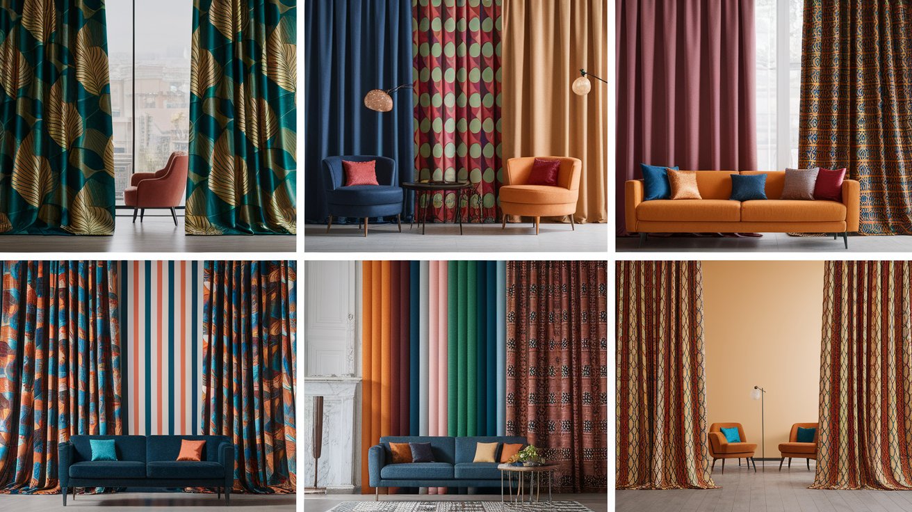 Collection of bold and patterned curtains in vibrant colors and styles.