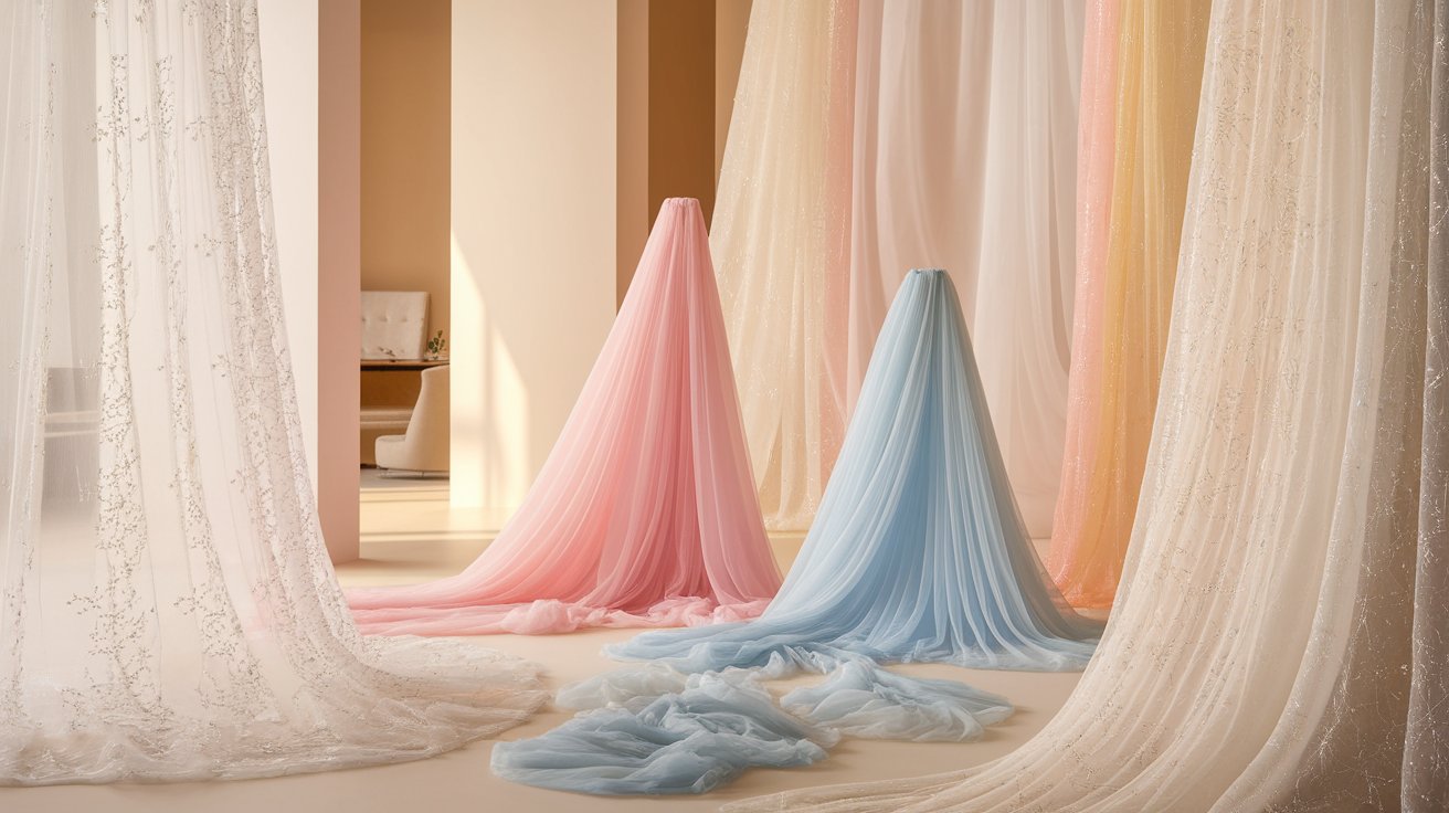 Collection of light, airy sheer curtains in white, pink, blue, and layered shades with subtle textures.