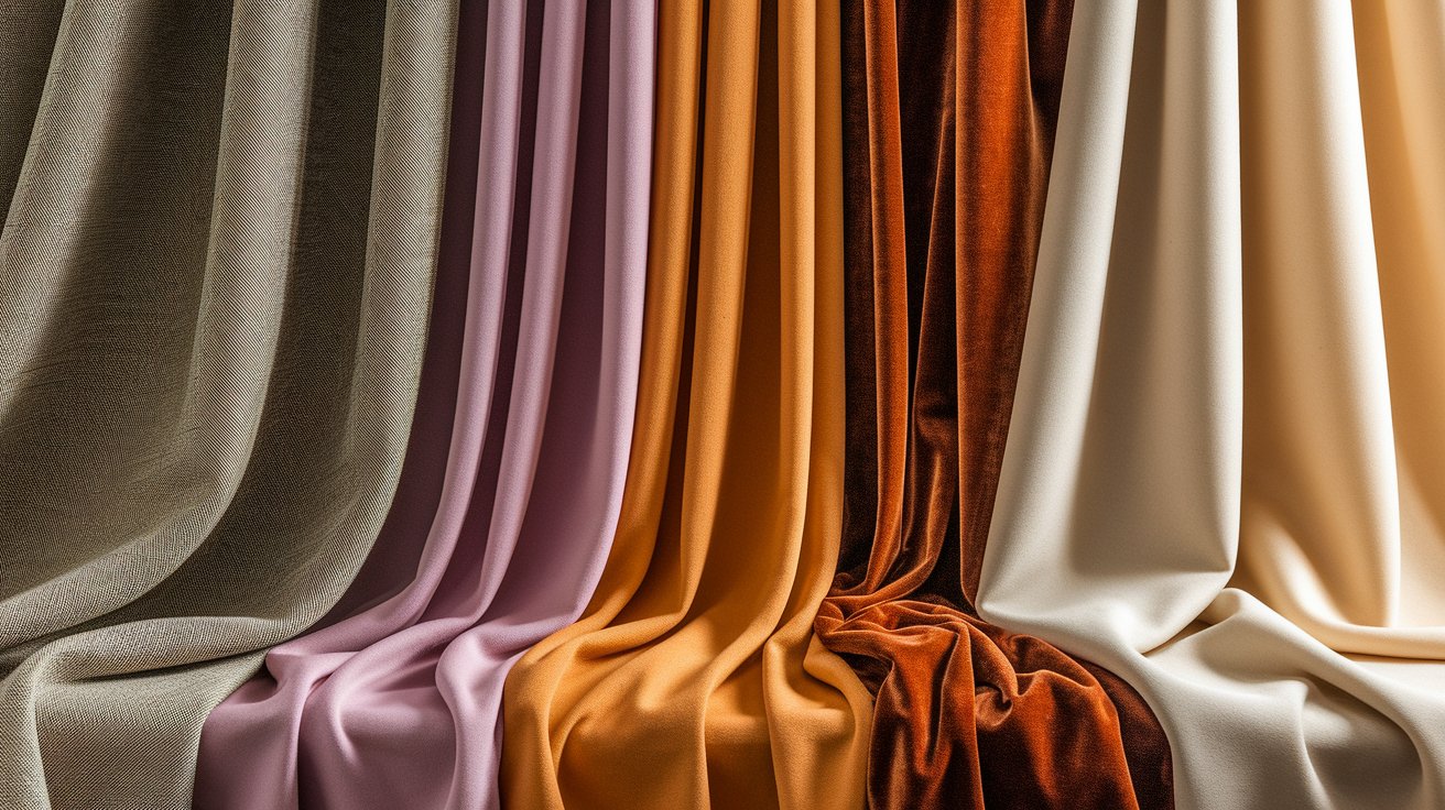 Different curtain fabric textures including linen, cotton, and velvet