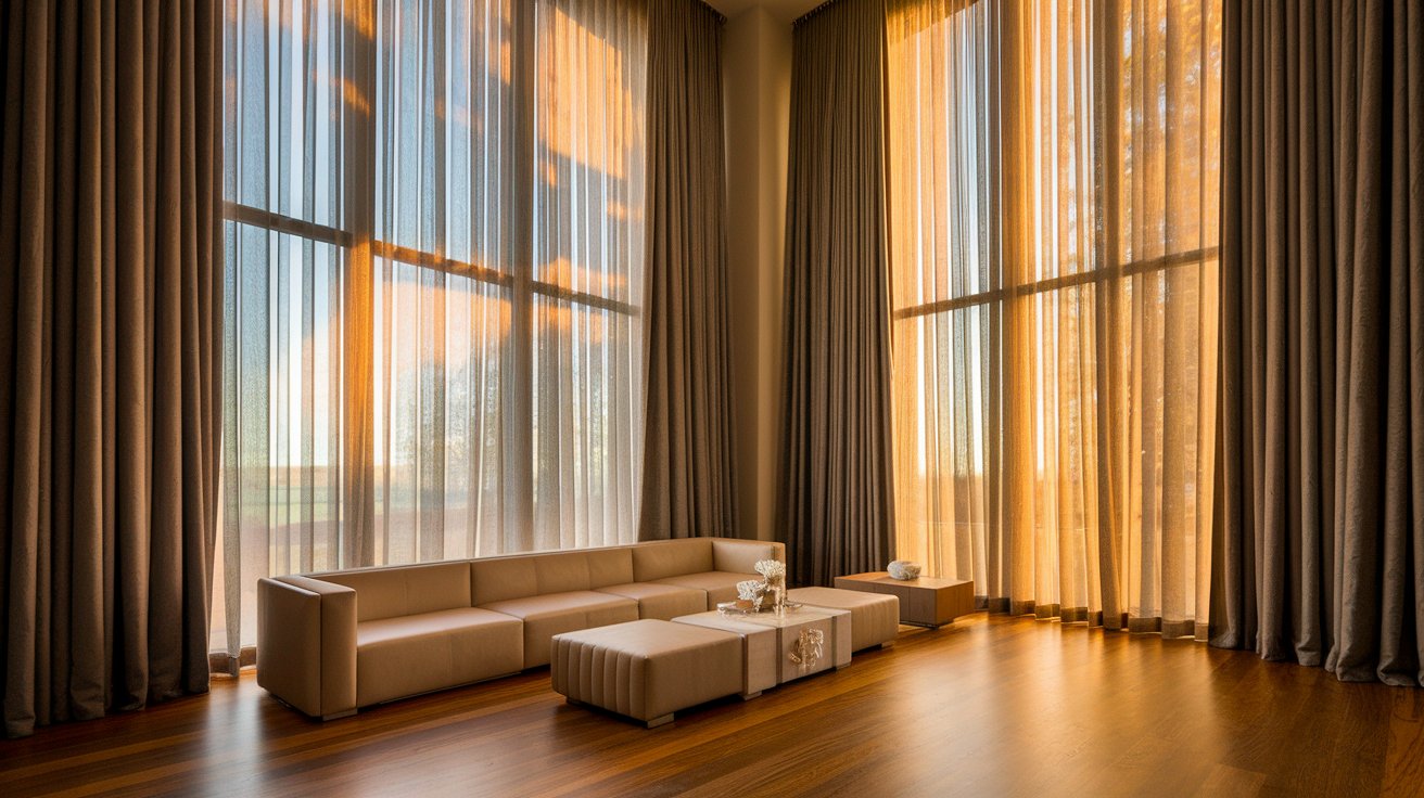 Elegant living room with floor-to-ceiling curtains creating height
