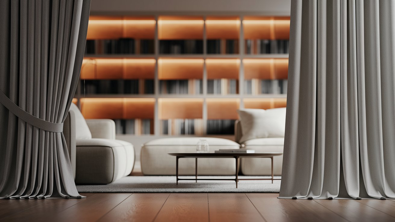 Living room showing rod-pocket curtains and formal pinch-pleat curtains.