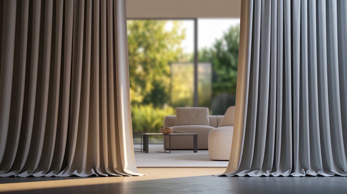 Living room with light-colored blackout curtains blocking sunlight