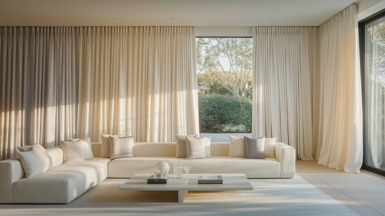 Living room with solid neutral-colored curtains in white, cream, gray, and beige.