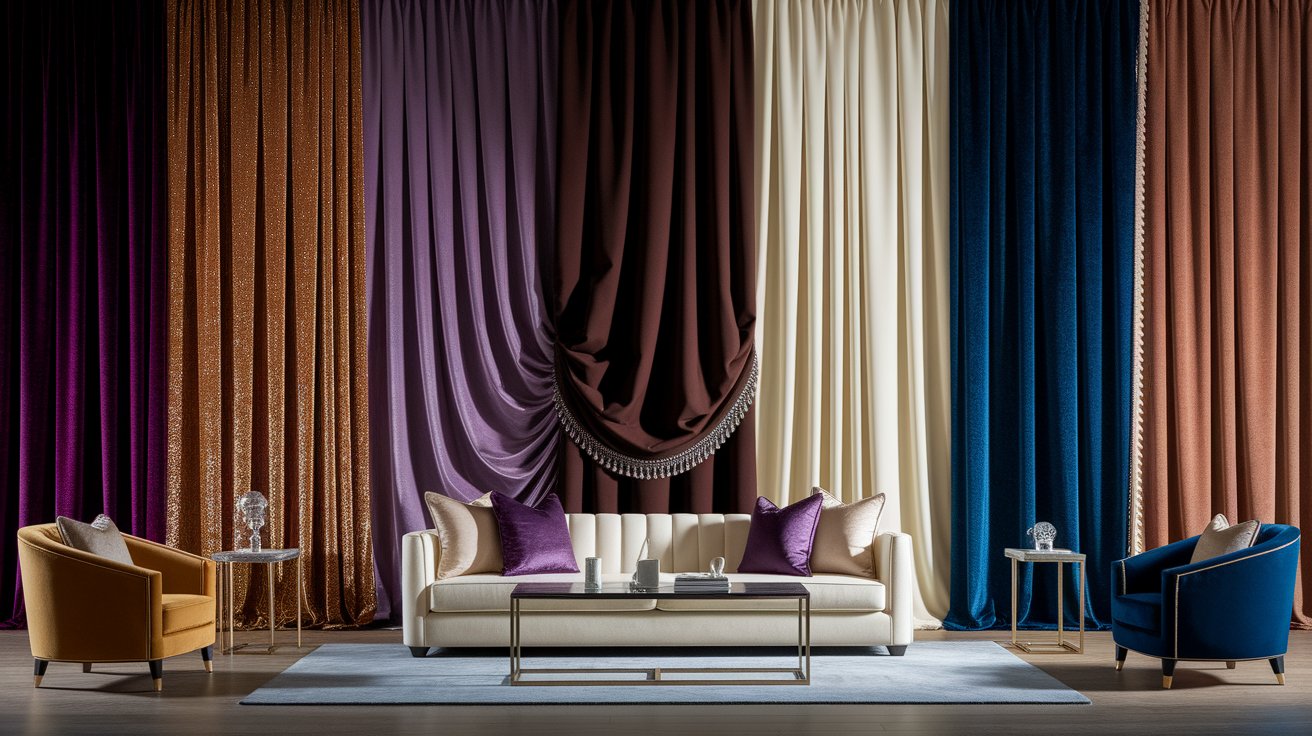 Luxury living room with rich velvet curtains and elegant decor