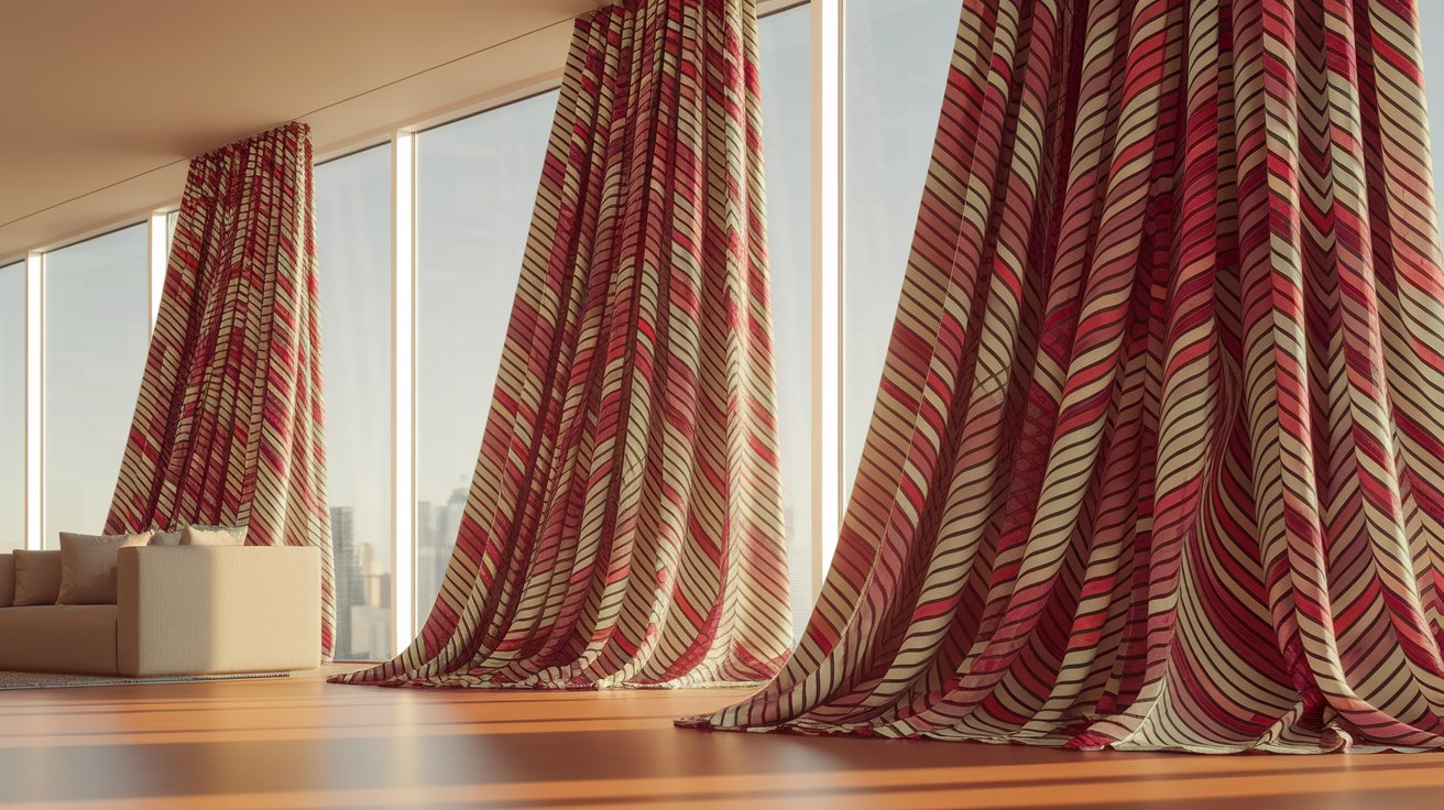 Modern living room with geometric patterned curtains