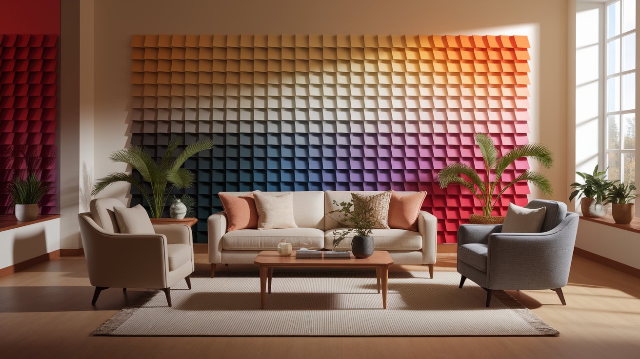 Paint swatches being tested on a living room wall