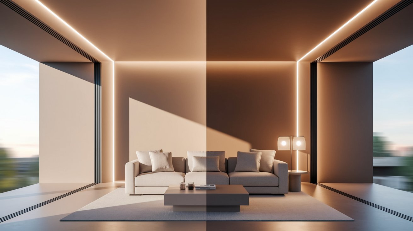 The same paint color shown under different lighting conditions