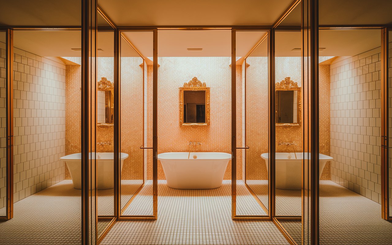 A spacious bathroom featuring two elegant tubs and large mirrors reflecting the stylish decor.