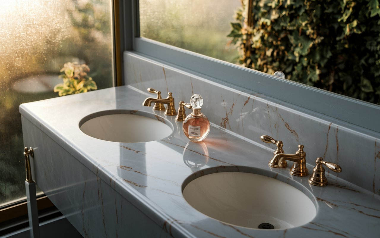 A bright bathroom featuring two sinks and a window, providing natural light and a spacious feel.