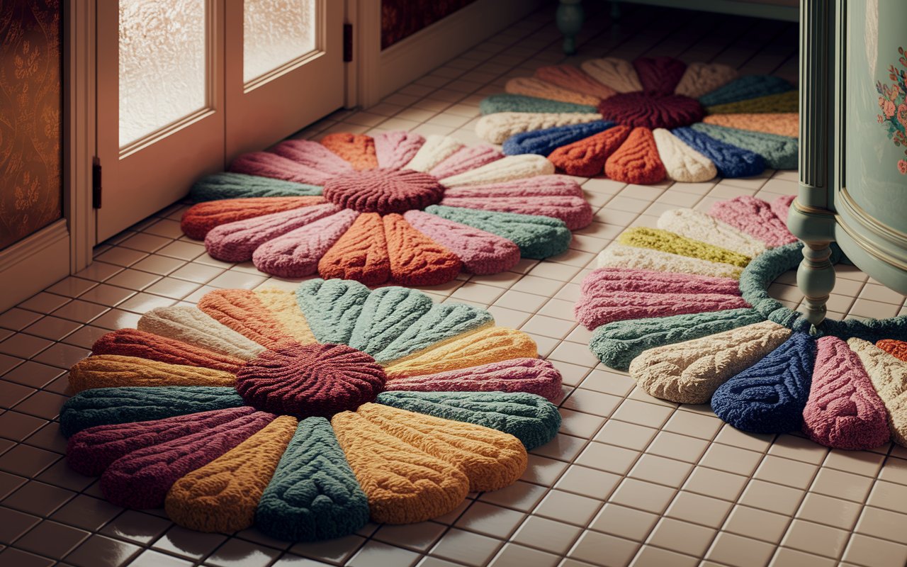  Three vibrant rugs in various colors are spread across the bathroom floor, adding warmth and style to the space.
