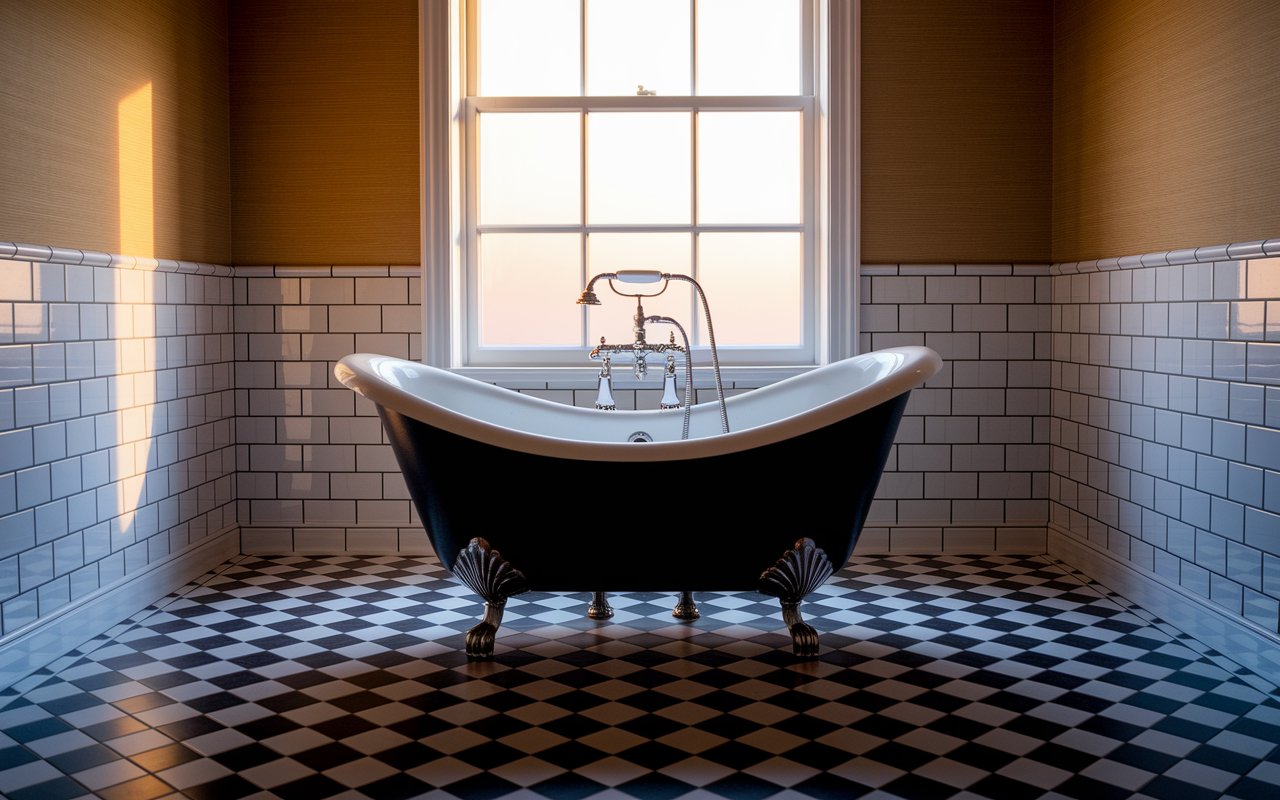  A black and white themed bathroom with a bathtub and a window, highlighting a sophisticated and serene space.