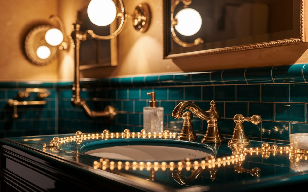 An elegant bathroom with gleaming gold fixtures and a decorative mirror, emphasizing a refined aesthetic.