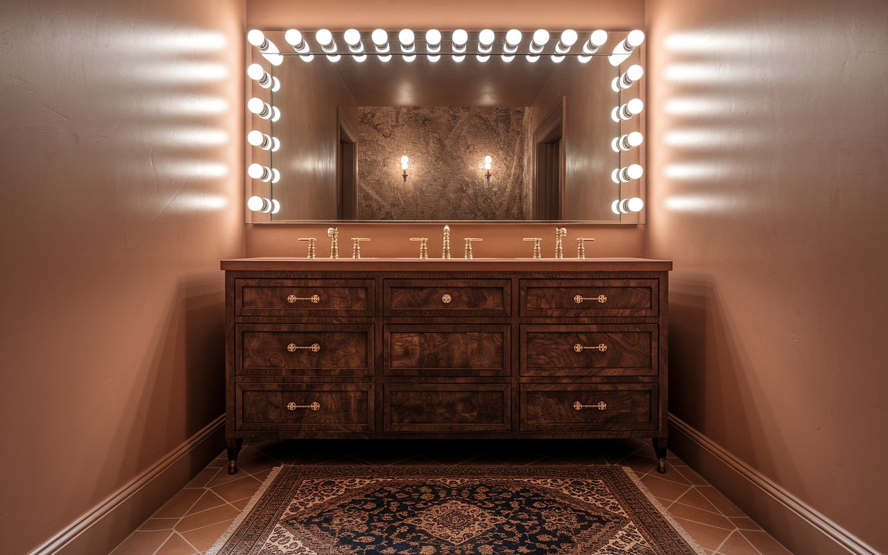 A bathroom featuring a stylish vanity with a large mirror above it, reflecting the modern decor and lighting.