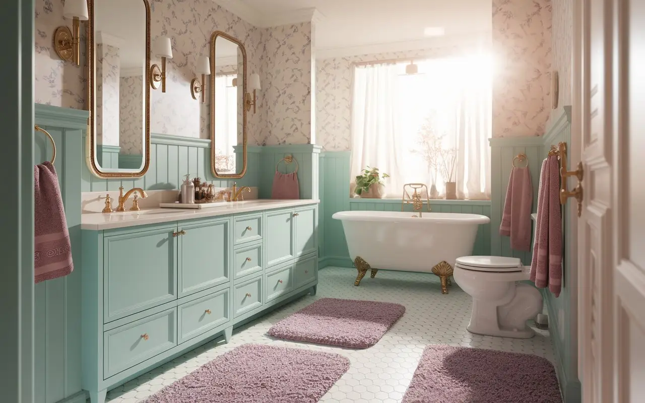 A modern bathroom featuring a sleek tub and a stylish vanity with a mirror above it.