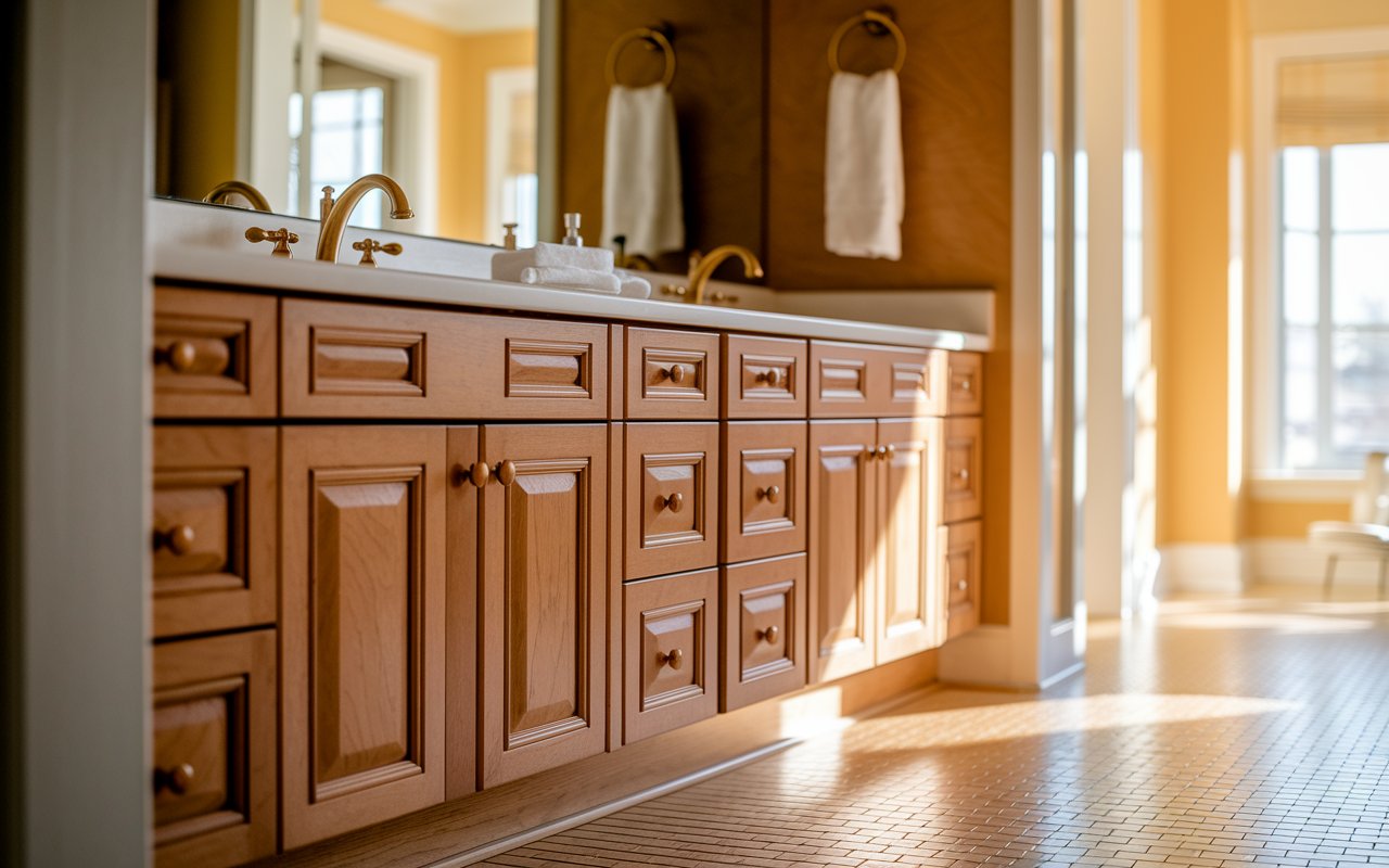 A stylish bathroom featuring wooden cabinets and a large mirror reflecting the space.