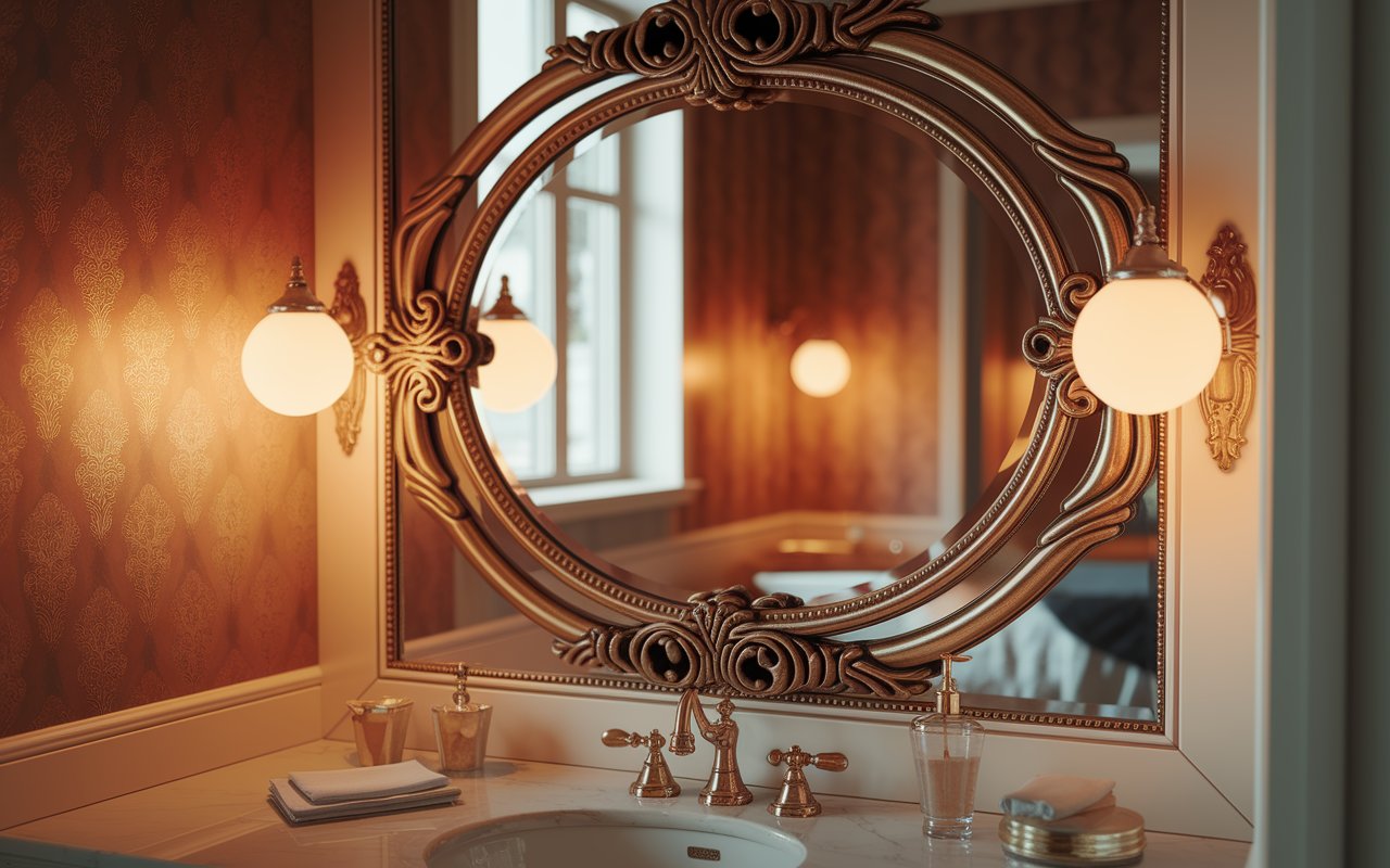 A clean bathroom featuring a mirror above a sink, with neutral-colored walls and a bright, inviting atmosphere.