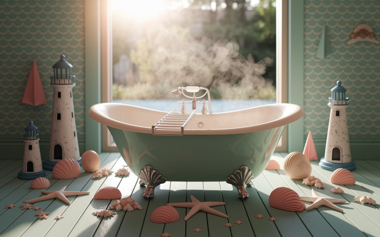 A cozy bathtub with seashells artfully arranged on the floor, creating a serene seaside vibe.