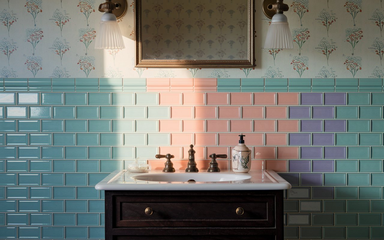 A bright bathroom featuring a sink and a vibrant, colorful tile wall that adds a cheerful touch to the space.