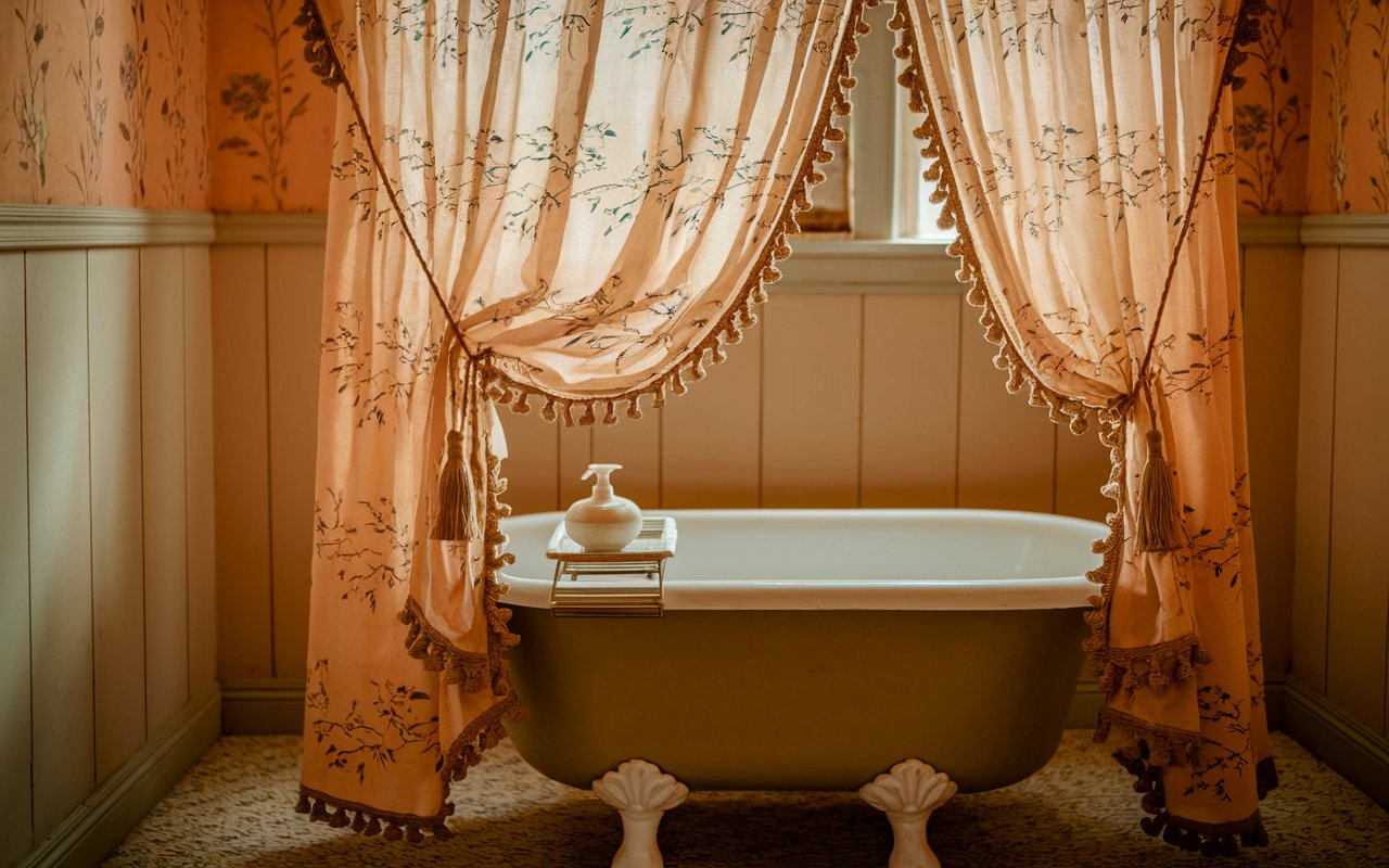  A cozy bathroom featuring a classic bathtub surrounded by soft curtains, creating a serene and inviting atmosphere.