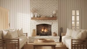 A bright living room featuring white furniture and a cozy fireplace, creating a warm and inviting atmosphere.