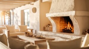A bright white living room featuring a cozy fireplace and comfortable couches arranged for relaxation.