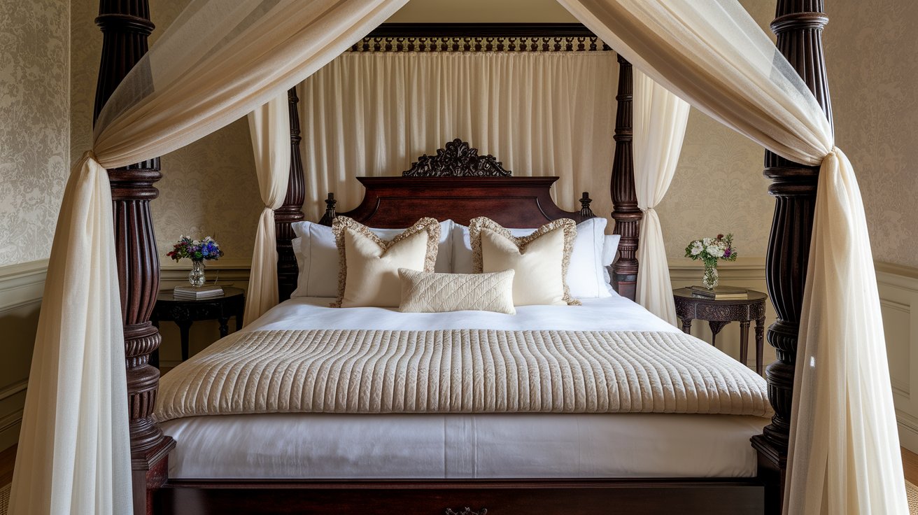 . A canopy bed adorned with flowing white curtains, creating an elegant and serene sleeping space.