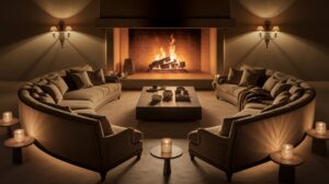 A circular living room featuring a cozy fireplace surrounded by candles, creating a warm and inviting atmosphere.