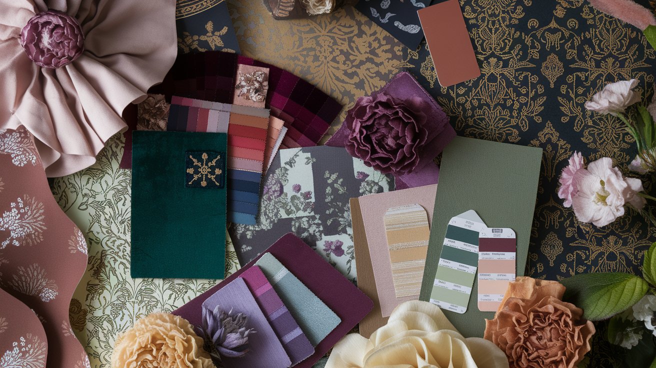 A color palette featuring various shades for interior design, showcasing harmonious combinations for stylish spaces.