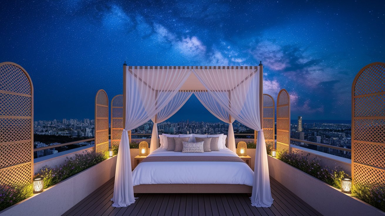 A cozy bed with a canopy beneath a stunning view of the Milky Way galaxy shining brightly in the night sky.