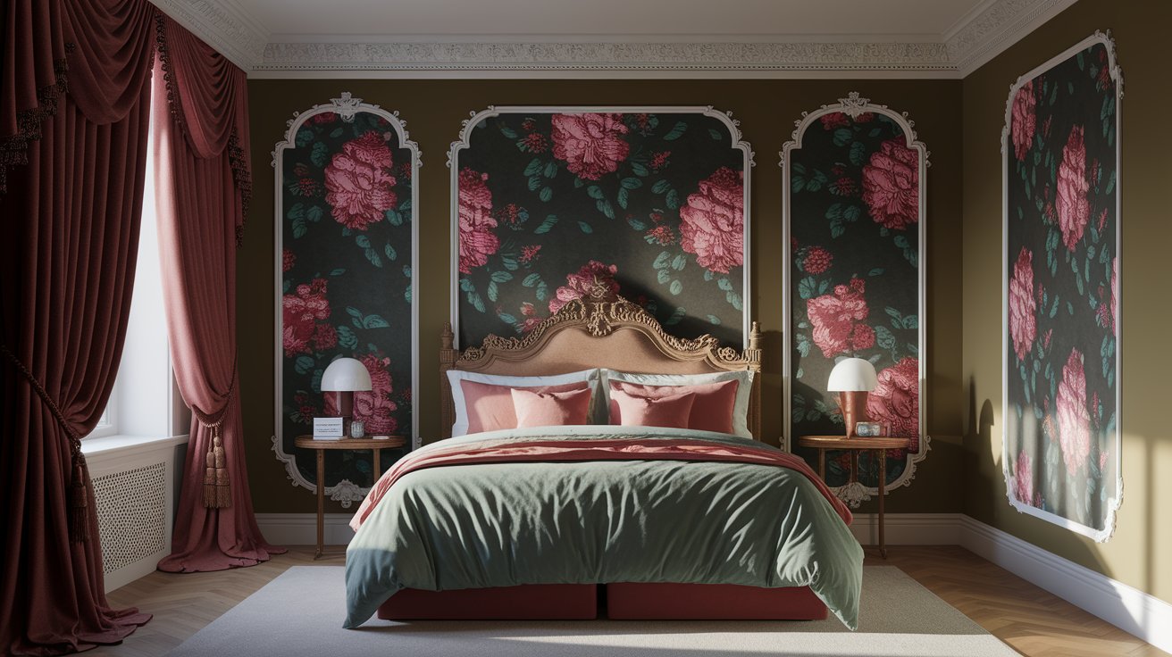 A cozy bedroom featuring a large bed and elegant floral wallpaper, creating a warm and inviting atmosphere.