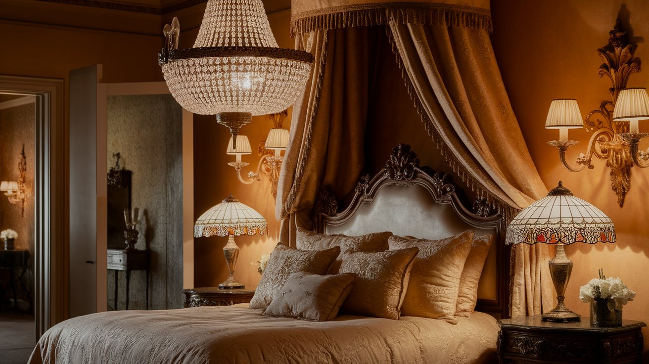 A cozy bedroom featuring a stylish chandelier above a neatly made bed.