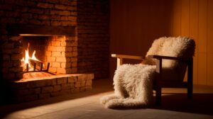 A cozy chair positioned in front of a warm brick fireplace, creating an inviting atmosphere for relaxation.