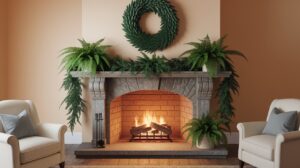 A cozy fireplace adorned with a festive wreath, flanked by two inviting chairs for a warm atmosphere.
