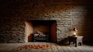 A cozy fireplace beside a lamp, set against a rustic stone wall, creating a warm and inviting atmosphere.