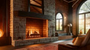 A cozy fireplace in a room featuring large windows and a comfortable chair nearby.