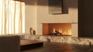 A cozy fireplace in a room with warm wood flooring, creating an inviting atmosphere.