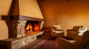 A cozy fireplace set against a rustic stone wall in a warmly lit room.