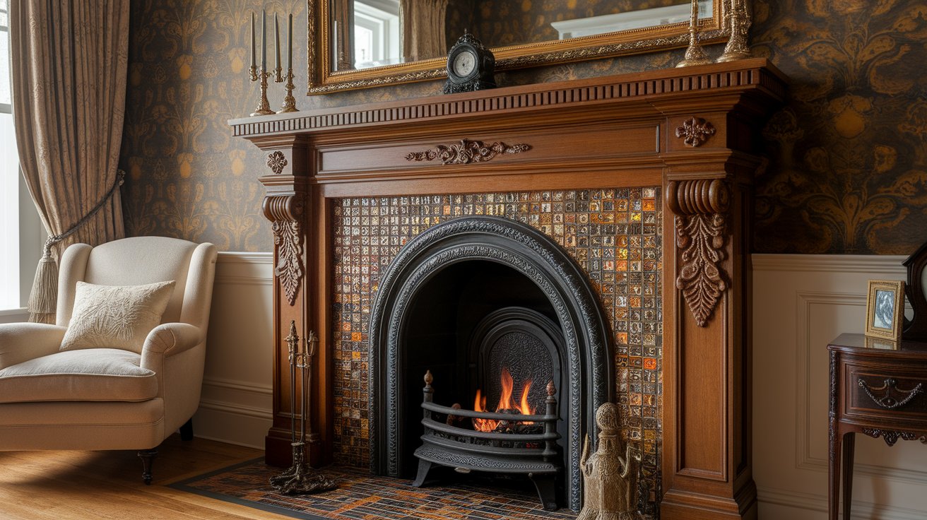 A cozy fireplace surrounded by intricate, patterned wallpaper in an elegantly decorated room.