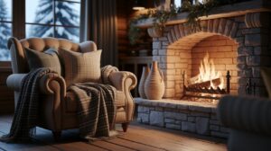 A cozy fireplace with a chair and a warm blanket draped over it, creating a welcoming atmosphere.