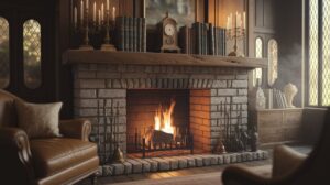A cozy fireplace with a crackling fire and a comfortable chair nearby, creating a warm and inviting atmosphere.